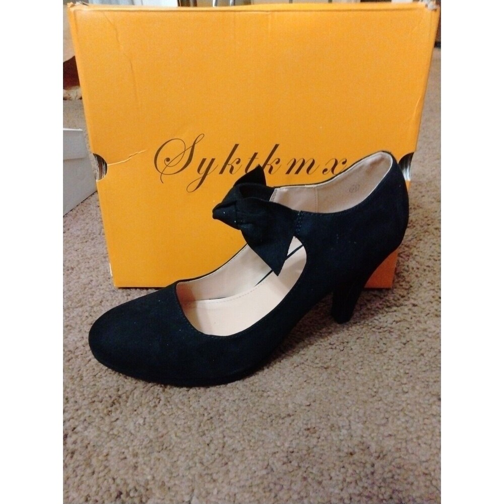 Women's Bow Pumps Kitten Heel Round Toe Heels Ankle Strap